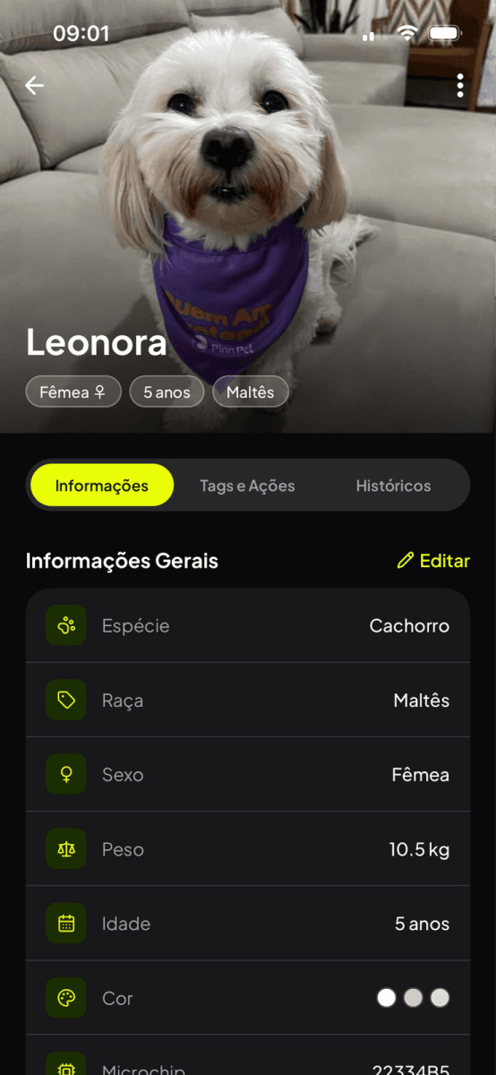 App PinnPet — perfil público do pet acessado pelo QR Code